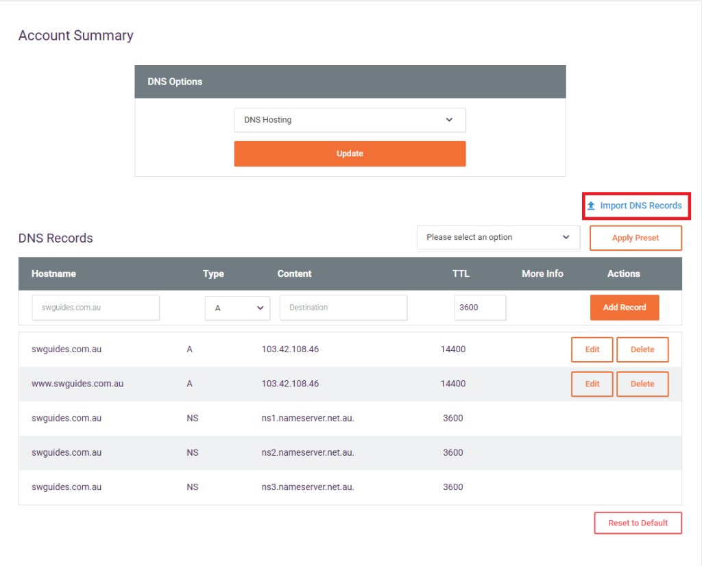 DNS Import CSV