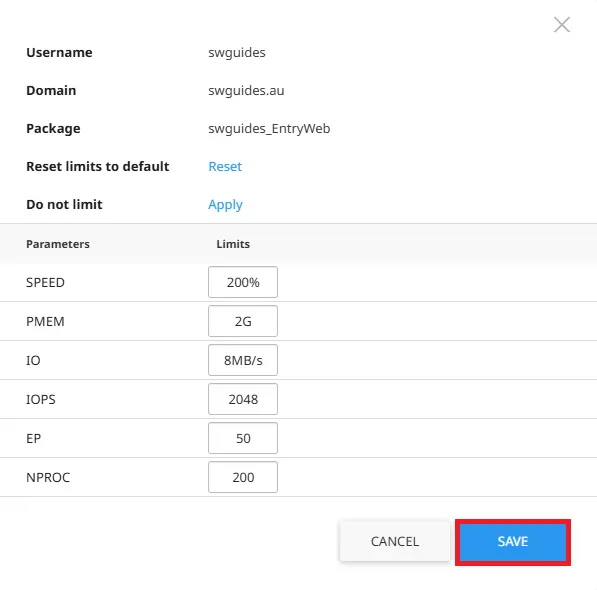 CloudLinux Limits user