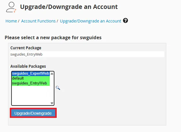 WHM Update Package Screen