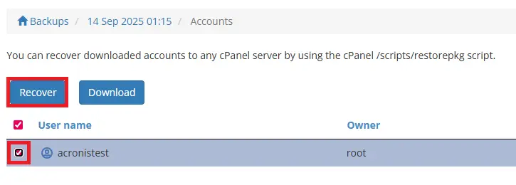 WHM Acronis Account Selection