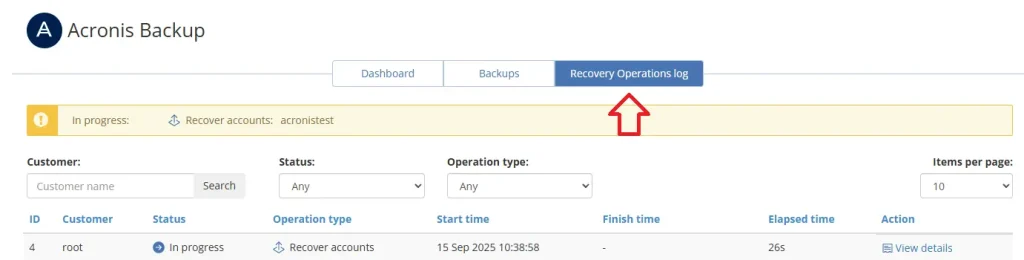 WHM Acronis Restore in progress