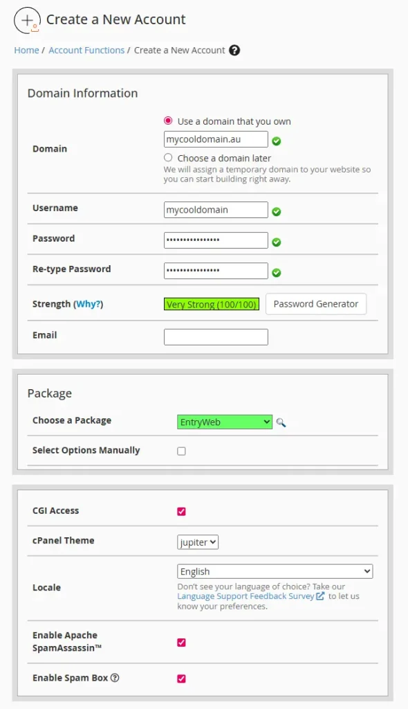 WHM Create cPanel Account