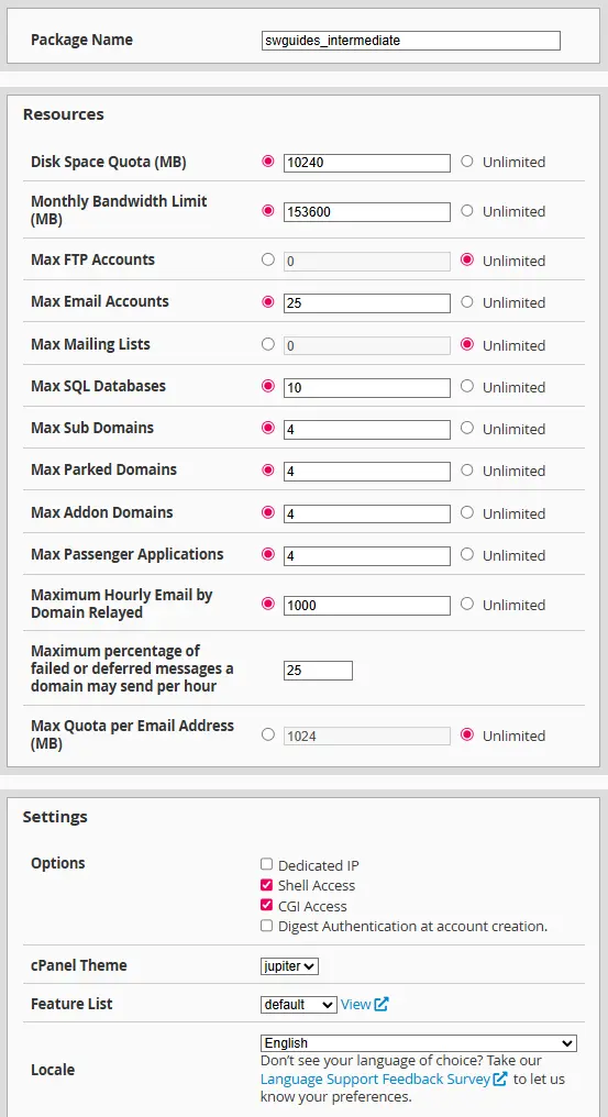 WHM Create Package